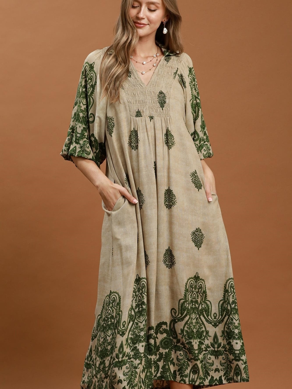 Bohemian Green Print V-Neck Maxi Dress